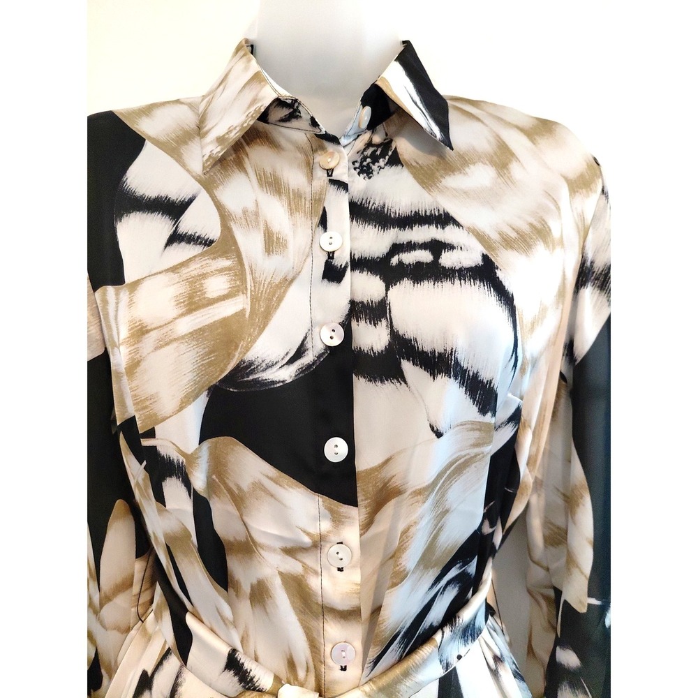 NWT Satin Tie Waist Shirt Dress MEDIUM Lightweight Olive Black Career Chic Sheer - Picture 4 of 10